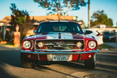 1967 Ford Mustang Fastback custom build in red with white stripes, front view